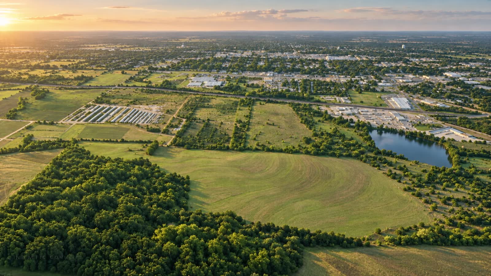 Aerial still of farmland at sunset from the featured film