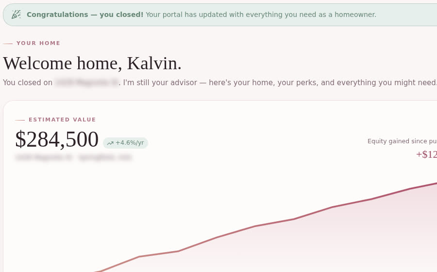 Client portal homeowner dashboard with a home value chart